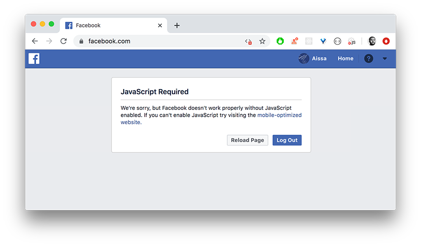 موقع فيسبوك بدون جافاسكريبت